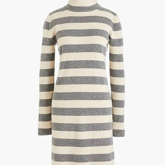 J. CREW SWEATER DRESS S WOOL BLEND STRIPED IVORY GRAY RIBBED MOCK TURTLENECK - Picture 1 of 7